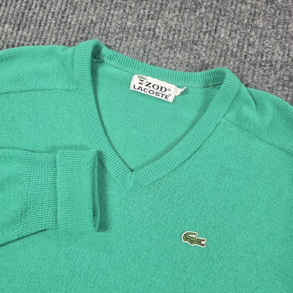 Vintage Izod Lacoste Sweater Mens Large Green V Neck Knit Lightweight Logo 80s